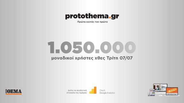 1.050.000 μοναδικοί χρήστες ενημερώθηκαν χθες Τρίτη 7 Ιουλίου από το protothema.gr 1050000-μοναδικοί-χρήστες-ενημερώθηκαν-χθες-Τρίτη-7-Ιουλίου-από-το-protothema.gr