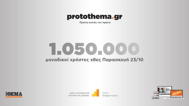 1.050.000 μοναδικοί χρήστες ενημερώθηκαν χθες Παρασκευή 23 Οκτωβρίου από το protothema.gr 1050000-μοναδικοί-χρήστες-ενημερώθηκαν-χθες-Παρασκευή-23-Οκτωβρίου-από-το-protothema.gr