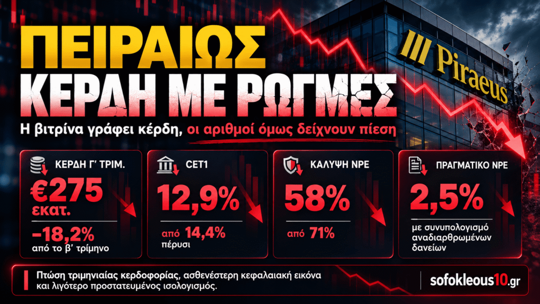 Πειραιώς: Πίσω από τα 893 εκατ. κέρδη, σοβαρές ρωγμές – Βουτιά 18% στο τρίμηνο, κεφαλαιακή αποδυνάμωση και ανησυχητική εικόνα στα κόκκινα δάνεια Πειραιώς:-Πίσω-από-τα-893-εκατ.-κέρδη,-σοβαρές-ρωγμές-–-Βουτιά-18%-στο-τρίμηνο,-κεφαλαιακή-αποδυνάμωση-και-ανησυχητική-εικόνα-στα-κόκκινα-δάνεια