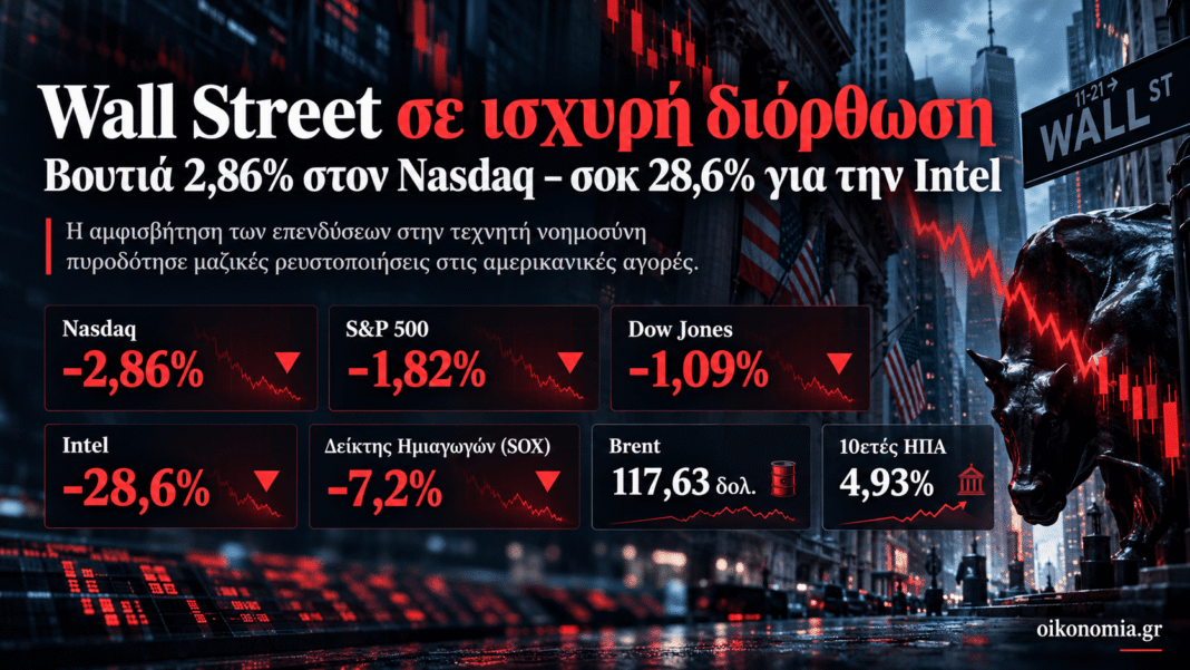 wall-street:-Η-τεχνητή-νοημοσύνη-στέλνει-τον-λογαριασμό-–-Βουτιά-2,86%-στον-nasdaq,-κατάρρευση-28,6%-για-την-intel